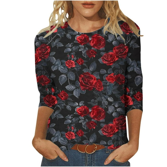 SuTry Womens Valentine's Day Round Neck 3/4 Sleeve T-Shirt Romantic Loose Fits Casual Blouse for Ladies(Multicolor,2XL)