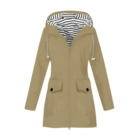SuTry Womens Waterproof Hooded Jacket Fall Winter Windproof Long Sleeve Multiple Pockets Casual Outdoor Coat Jackets for Women(Khaki,M)
