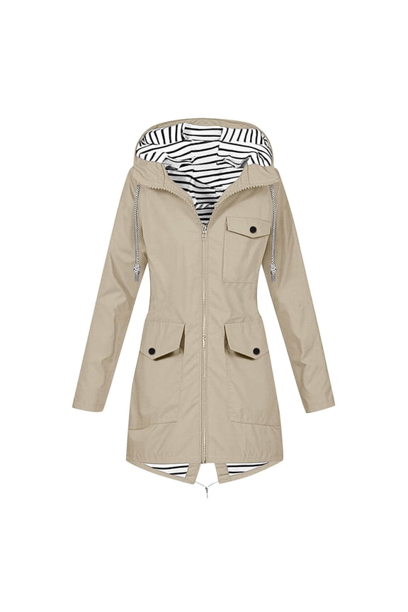 Womens Waterproof Workwear Jacket Outdoor Fall Winter Long Sleeve Hooded Multi Pocket Casual Coat for Women(Khaki,M)