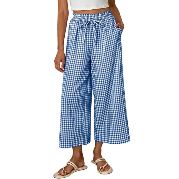 SuTry Womens Wide Leg Capri Pants Ruffled Elastic Drawstring High Waist Hidden Side Inseam Pockets Classic Gingham Check Print Summer Beach Home Casual Wear Trousers