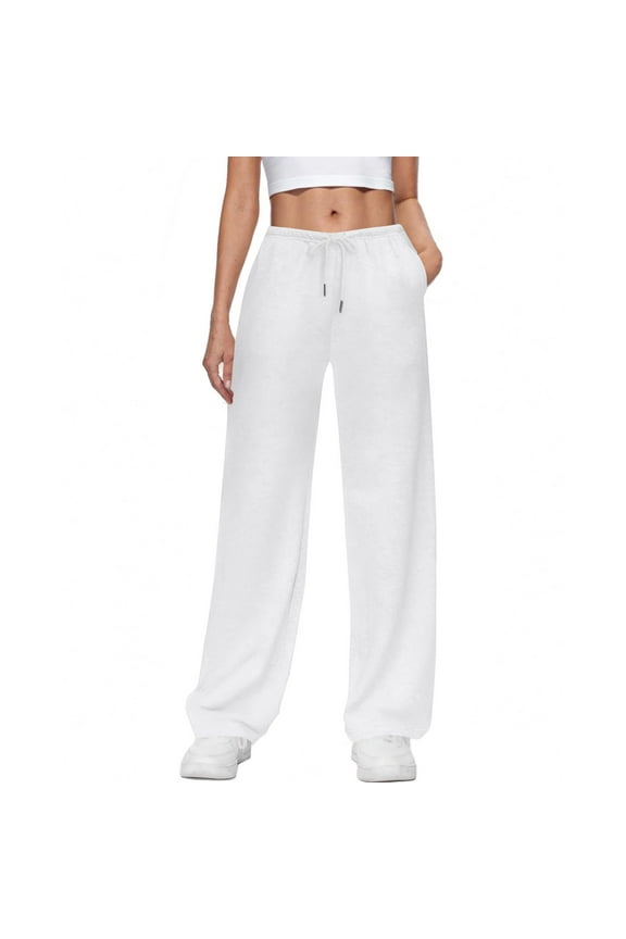 Womens Wide Leg Sweatpants Drawstring Elastic High Waist Side Inseam Pockets Full Length Daily Sport Casual Wear Trousers