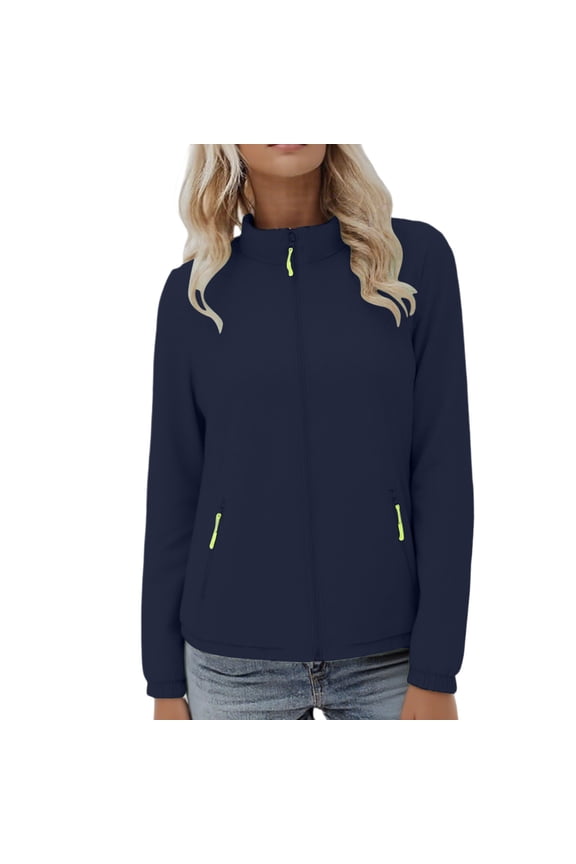 Womens Windproof Jacket Fall Winter Lightweight Thin Long Sleeve Hoodless Hiking Waterproof Casual Outerwear Jackets for Women(Navy,2XL)