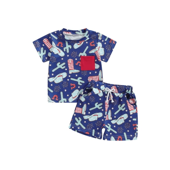 Suagox Baby Boys Shorts Set, Boots Print Short Sleeve T-shirt with Elastic Waist Shorts Summer Outfit for 4th of July for 0-24 Months and 2-3 Years Old Boy