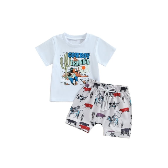 Suagox Baby Boys Summer 2-Piece Clothing Western Print Short Sleeve T-Shirt and Elastic Shorts Outfits Set,0-3 Years