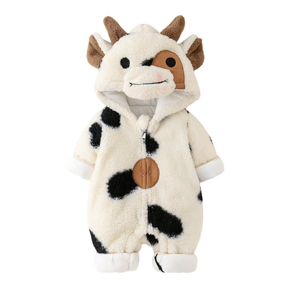 Suagox Baby Girls Boys Winter Plush Jumpsuit Long Sleeve Cartoon Cow Print Zipper Hooded Romper