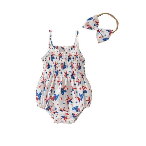 Suagox Baby Girls Fourth of July Outfits Sleeveless Strap Romper + Bow Headband Set Newborn Clothes for 0-18 Months Baby