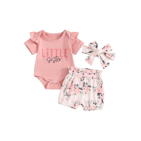 Suagox Baby Girls Summer Shorts Sets Rose Letter Print Romper Floral Lantern Shorts Headband Sets for 0-18 Momths Baby