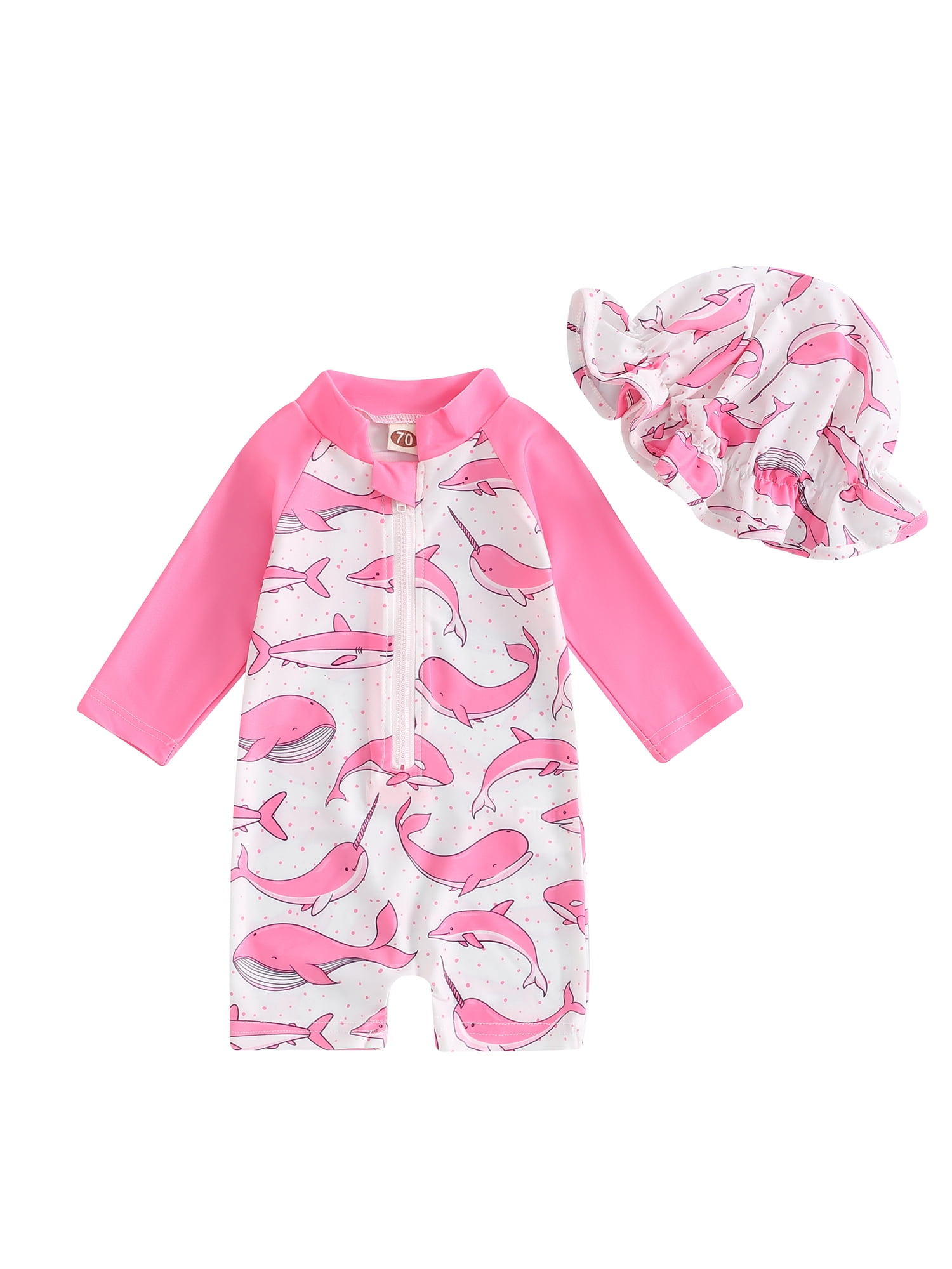 Babyhug Half Sleeves Legged Swimsuit with Cap  Dolphin Print - Blue main image 0