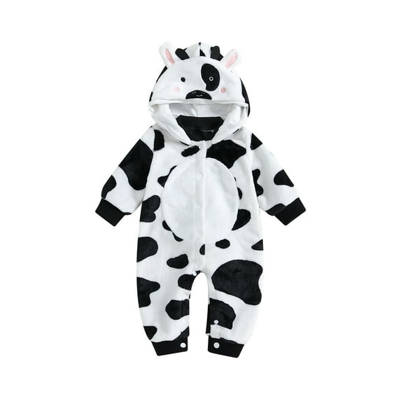 Suagox Baby Long Sleeve Romper Casual Cow Pattern Button Hooded Toddler Jumpsuit for Newborn Girl Boy Cute Clothes for 0-18 Months