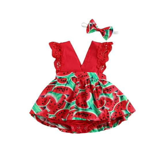Suagox Baby Watermelon Print Clothes Set, Girls Sleeveless Deep V-neck Short Jumpsuit + Bow-knot Headband for 0-24 Months Baby