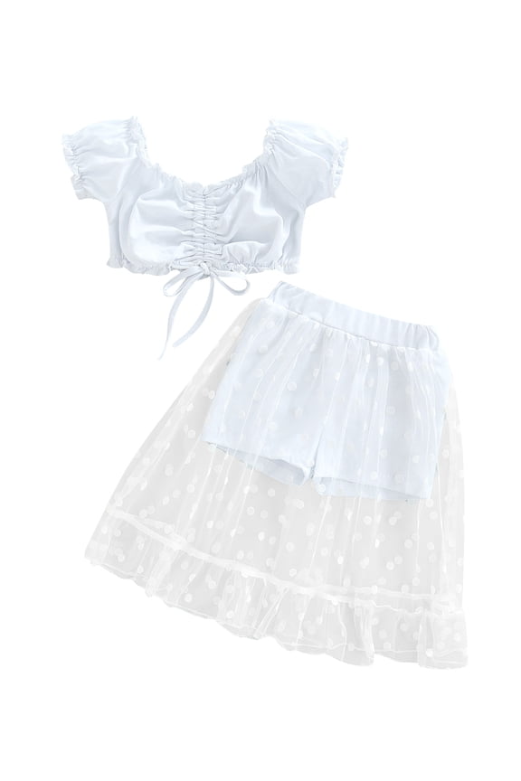 Girl's Two-Piece Suit, Toddler Kid Girl Ruffle Trim Drawstring Pleated Short Sleeve Tops + Patchwork Mesh Shorts,2-7 Years