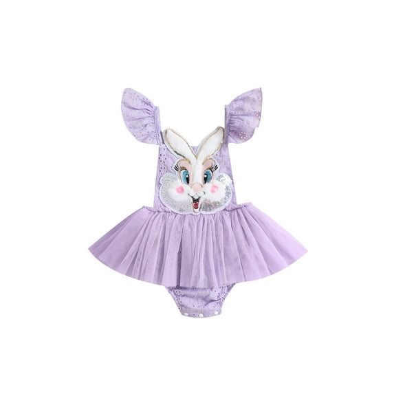 Suagox Infant Baby Girls Easter Romper Dress Bunny Head Embroidery Fly Sleeve Tulle Skirt Hem Bodysuit Summer One-Piece Clothes,3-24 Months