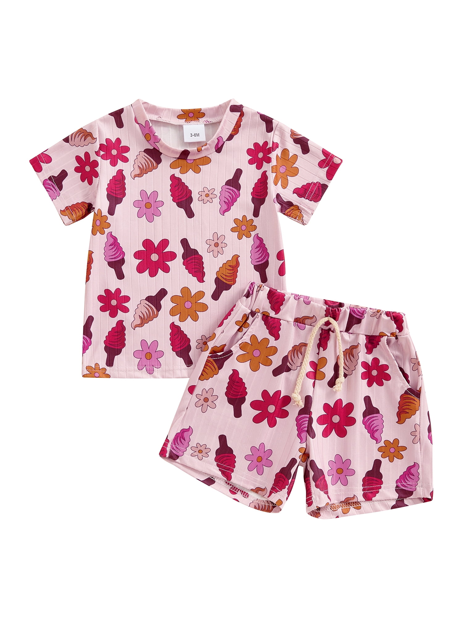 Suagox Kids Girls Shorts Set, Flower Ice Cream Print Short Sleeve Crew ...
