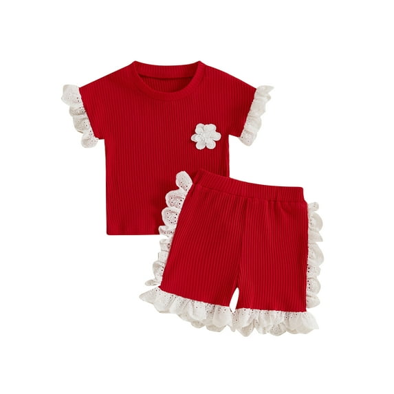 Suagox Kids Girls Shorts Set, Short Sleeve Crew Neck Flower T-shirt with Shorts Patchwork Summer Outfit for 6-24 Months and 2-4 Years Old Baby
