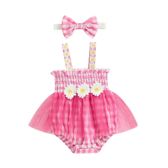 Suagox Summer Dress Outfit, Plaid Daisy Embroidery Sleeveless Shirred Mesh Romper Dress Bow Headband Toddler Set For 0-18 Months Baby Girl