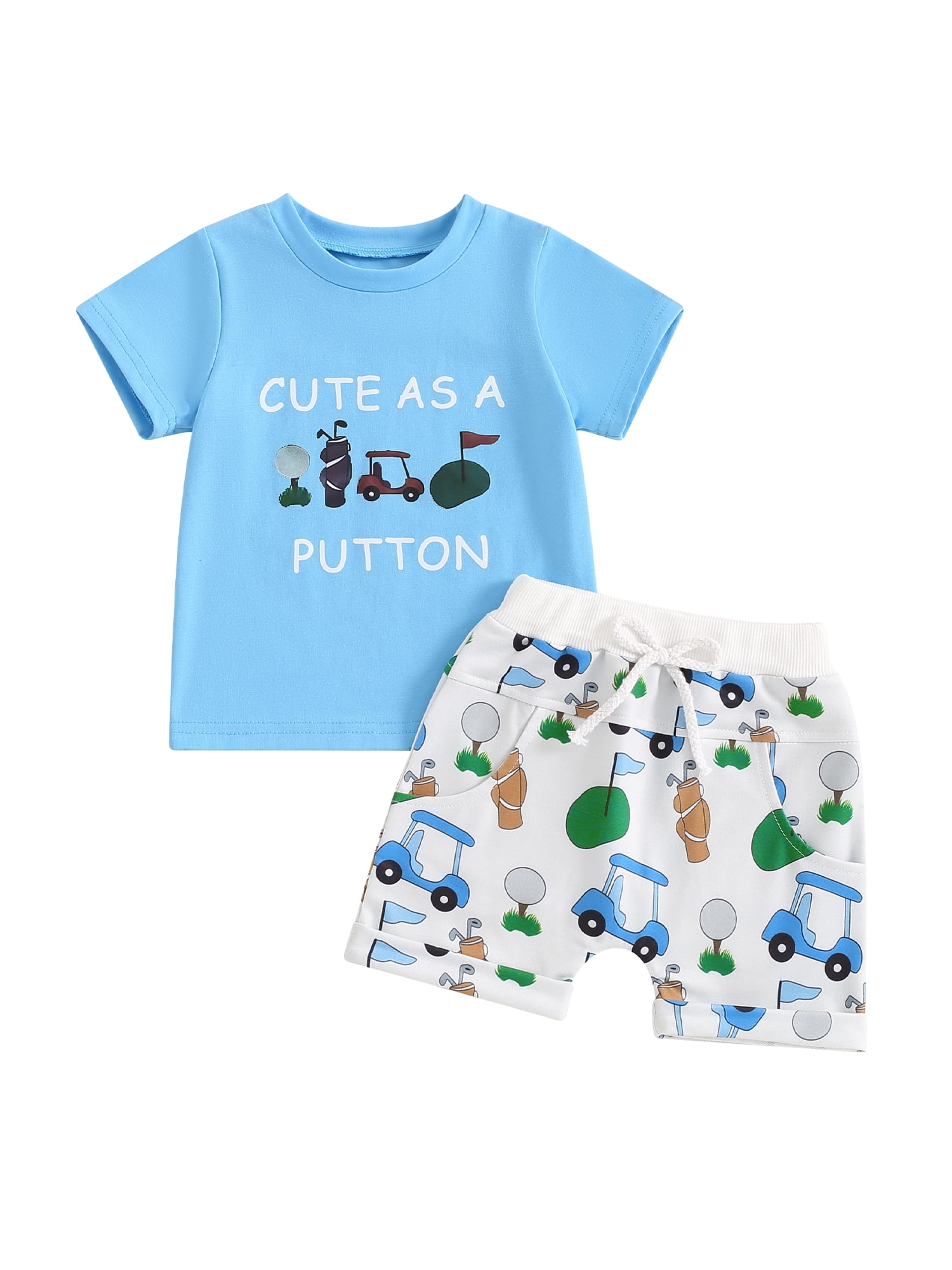 Suagox Toddler Boys   2Pcs Clothes Set Summer Outfits Letter Golf Car Print Short Sleeve T-Shirts Tops Elastic Waist Shorts for 0-24 Months and 2-3 Years Old Baby