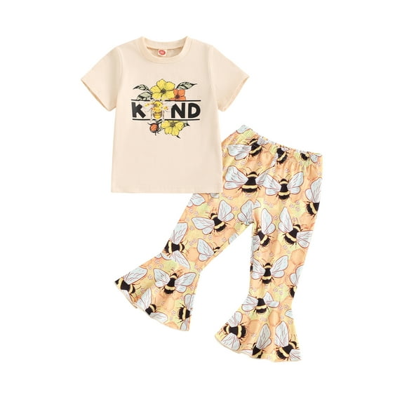 Suagox Toddler Girl Pants Outfit Letter Print Short Sleeves Tops with Bee Pattern Bell Bottom Trousers Set for 6-24 Months and 2-4 Years Old Girls