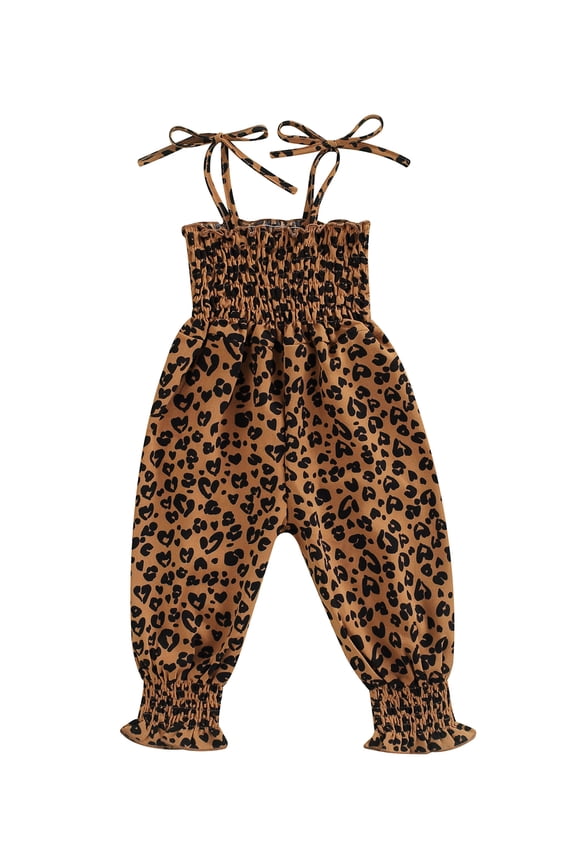 Toddler Girl Sling Jumpsuit, Heart/Leopard Printed Pleated Tie-Up Simple Style Overalls, Casual Sweet Romper for 6-24 Months and 2-4 Years
