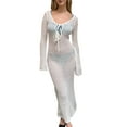 thumbnail image 1 of Suagox Women Knit Bikini Cover Ups Crochet Cutouts Tie Front Long Sleeves Beach Dress for Bikini Swimsuit Bathing Suit, 1 of 1