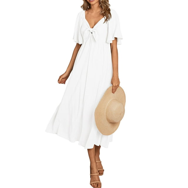 Suagox Women Midi Dress Solid Color V-Neck Tie Knot Front Ruched Short Sleeve Dress Summer Casual Dress A-line Dress