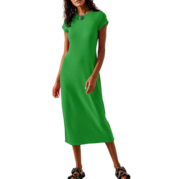 Suagox Women T-Shirt Vacation Dress Casual Summer Solid Color Short Sleeve Party Dress for Beach Cocktail Streetwear