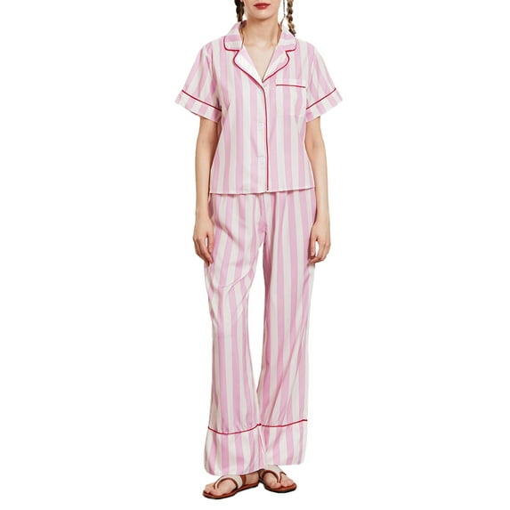 Suagox Women’s 2 Piece Pajama Set Short Sleeve Stripes Print Chest Pocket Shirt + Pants Set Sleepwear Loungewear
