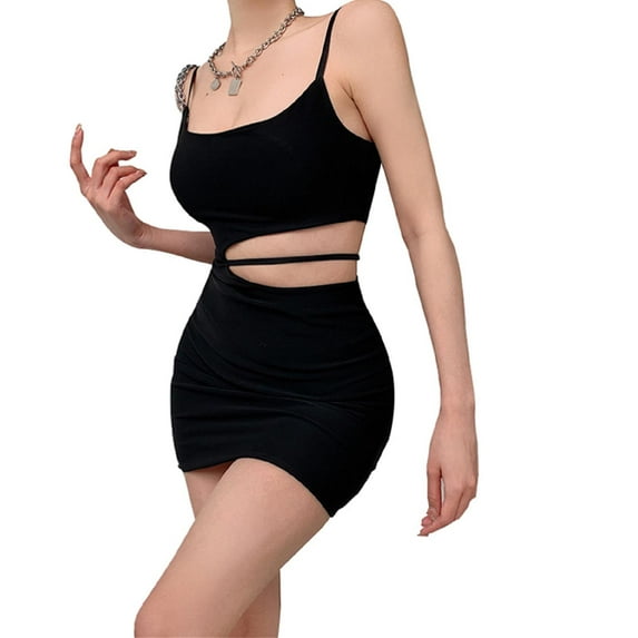 Suagox Women's Bodycon Mini Dress, Sleeveless Spaghetti Strap Solid Color Cutout Dress