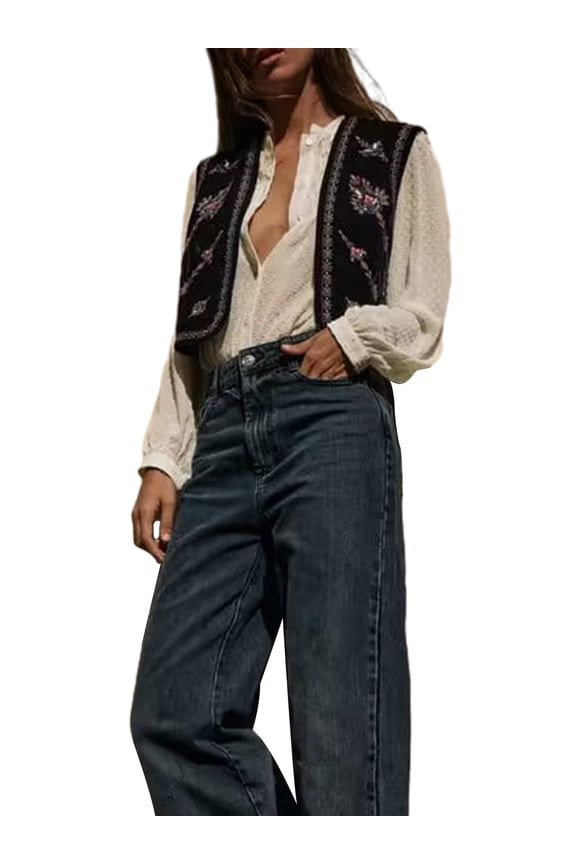 Women’s Embroidered Vest Tops Classic Sleeveless Open Front Cardigan Velvet Vest Fall Outwear