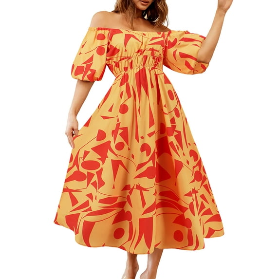Suagox Women's Long Dress Casual Off Shoulder Puff Sleeve Backless Smocked Waist Graphic Print Swing Dress for Club Party