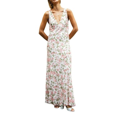 Suagox Women's Long  Floral Print  Slim Tank Dress Summer Sleeveless Open Back Deep V Neck for Party