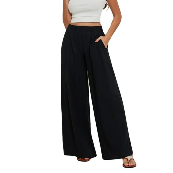 Suagox Women's Long Pants Casual Loose Fitting Elastic Waist Wide Leg Solid Color Pants for Spring Summer