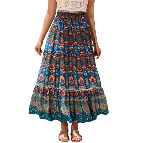 Suagox Women's Long Swing Skirt Boho Style Fashion Print Elastic Waist A-Line Ruffle Skirt for Party Club
