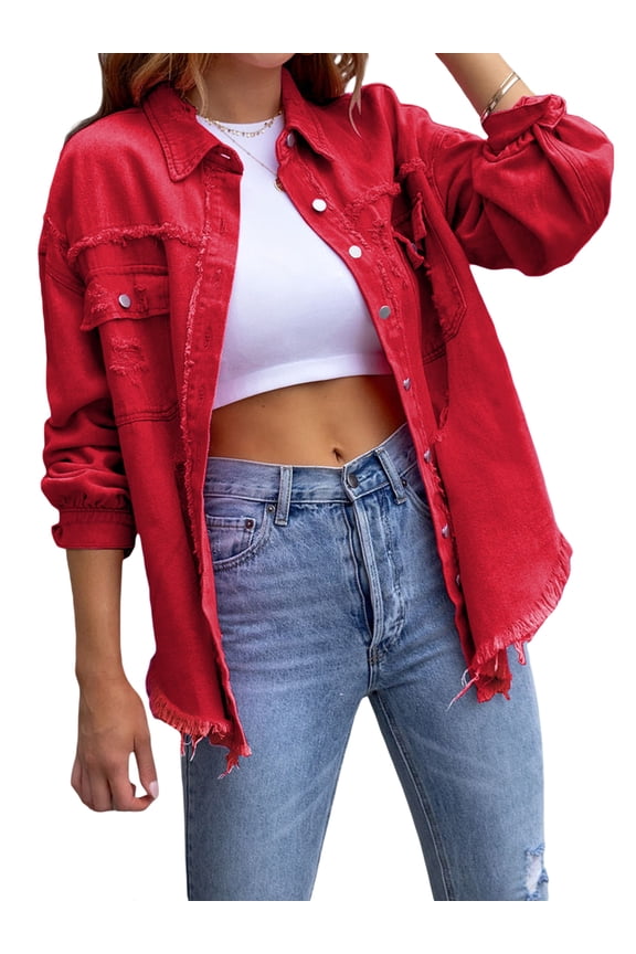 Women's Ripped Distressed Denim Jacket Long Sleeve Button Down Boyfriend Jean Coat Trucker Jacket