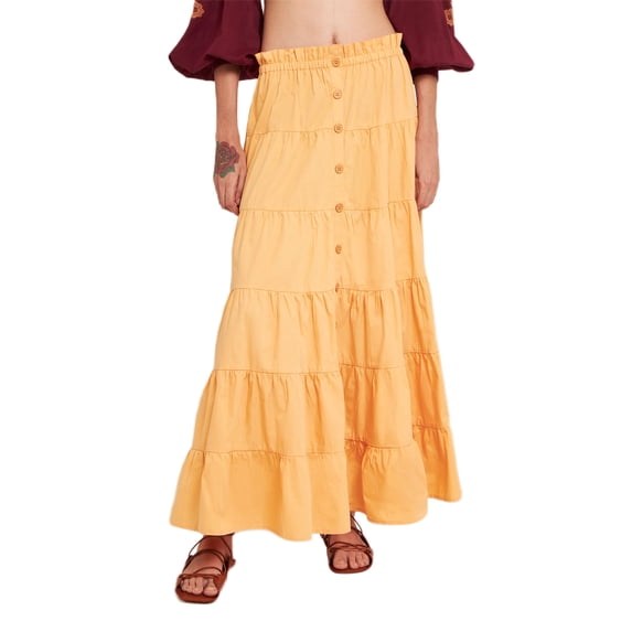 Suagox Women's Summer High Waist Skirt Solid Color Tiered Button Long Skirt for Travel, Beach, Shopping