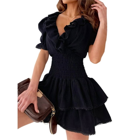 Suagox Women's Warp V Neck Dress, Short Puff Sleeve Solid Color Shirred High Waist Ruffle Mini Dress