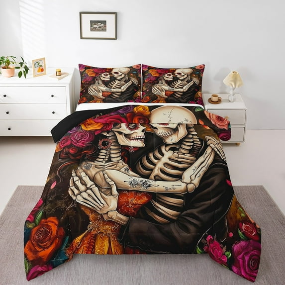 Suagr Skull Comforter Set King Size Colorful Rose Floral Bedding Sets Gothic Style Bedding Comforter Sets Bohemian Skeleton Print Down Comforter Boho Exotic Themed Duvet Set
