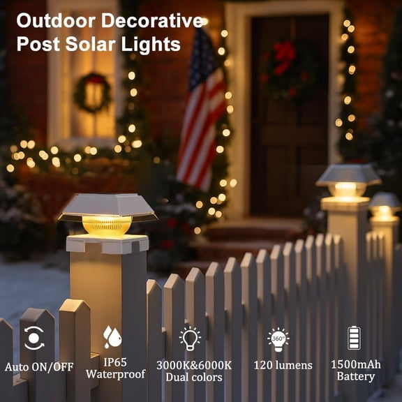 Suamote Solar Post Cap Lights Outdoor, Fits 4x4 Wood/Vinyl Posts, Post Lights Solar-Powered IP65 Waterproof for Yard, Deck, Fence, Efficient 1500mAh Battery, 120 Lumen, Warm White & Cold White