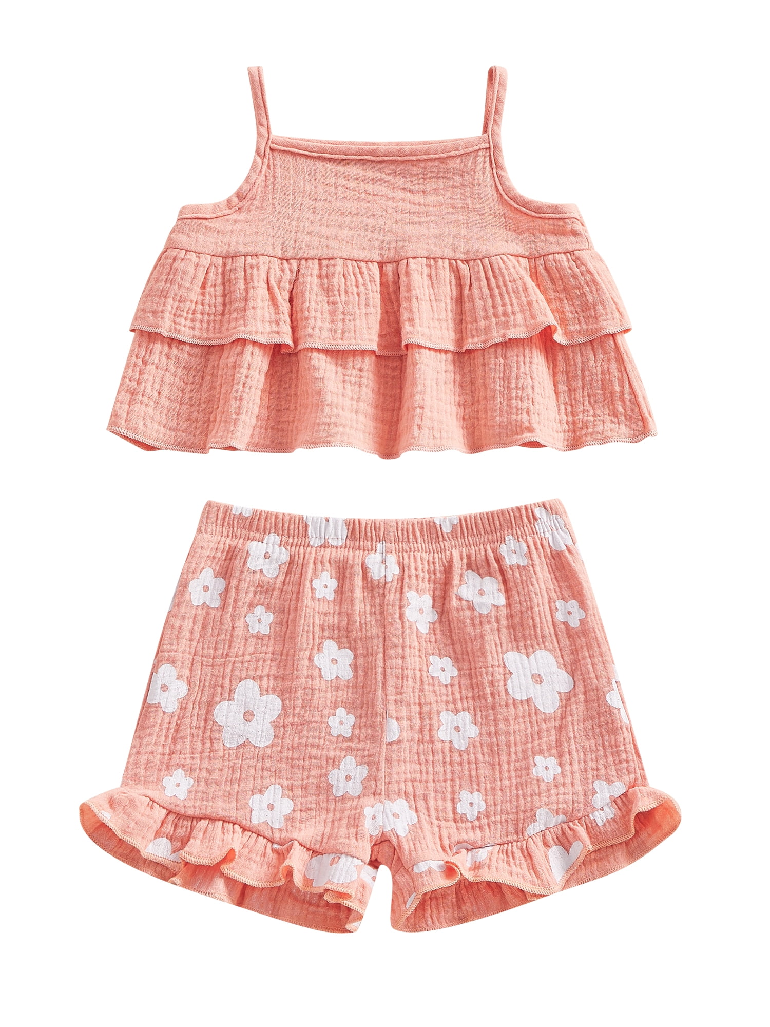 2pcs Kid Girl Tie Dyed Pink Smocked Camisole and Colorblock Shorts Set