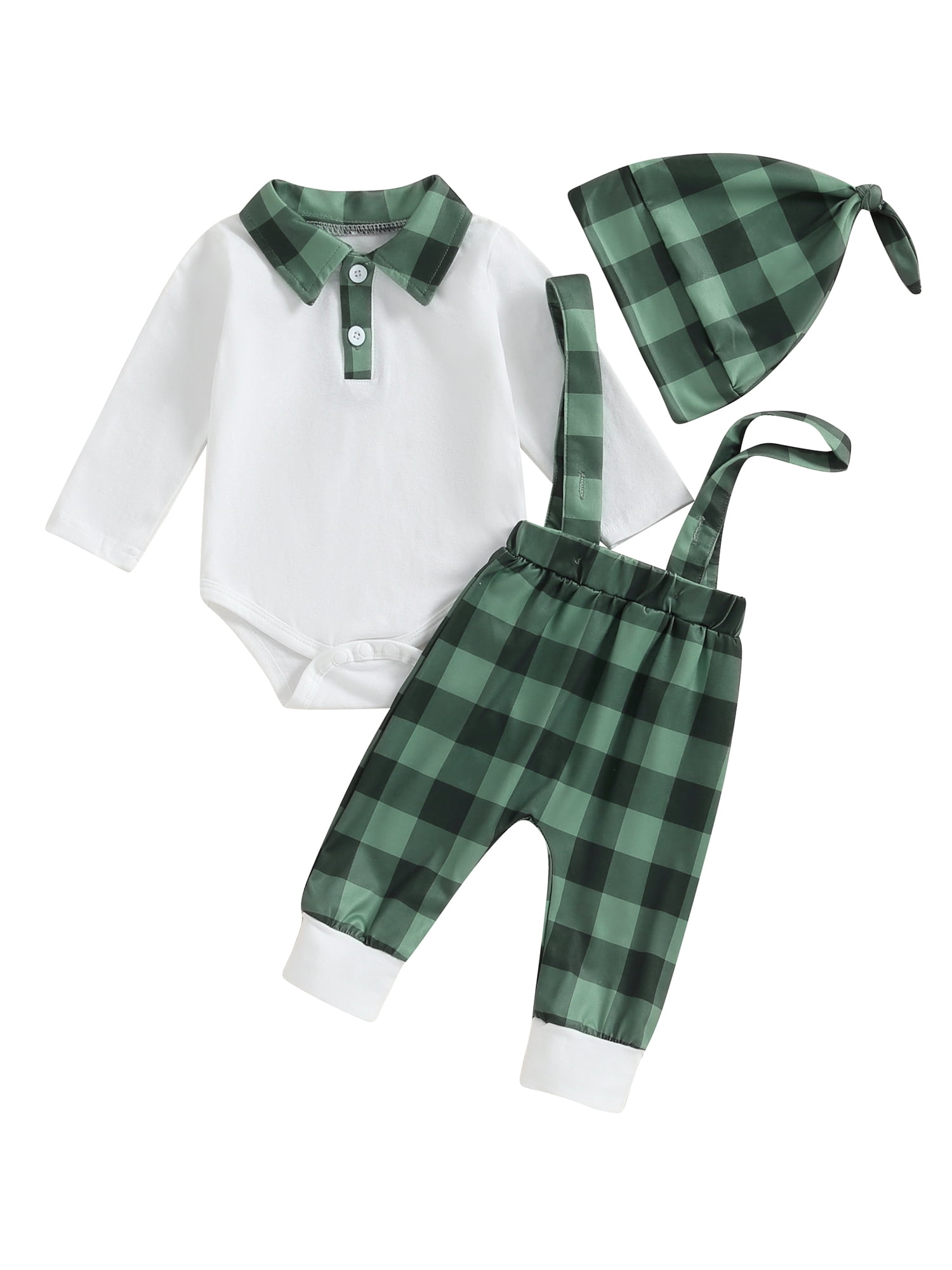Suanret Baby Boys 3Pcs Christmas Outfits Long Sleeve Lapel Romper Suspender Pants Hat Sets