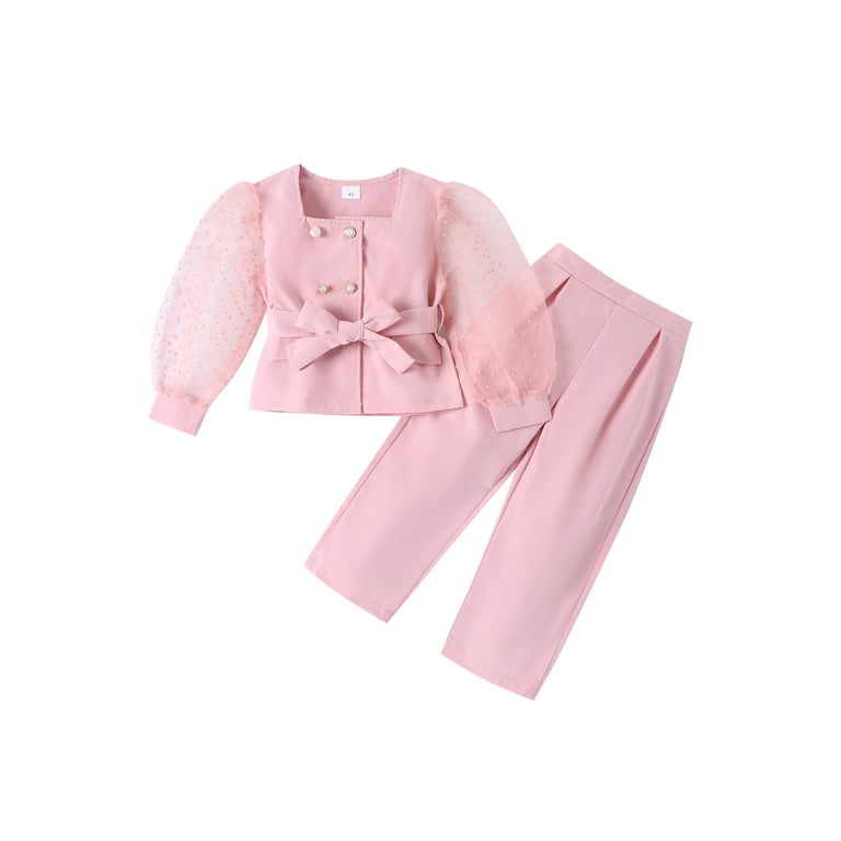 Suanret Kids Girls Formal Suits Swiss Dot Puff Long Sleeve Shirt with Belt Straight Leg Pants Set 2PCS Outfits Pink 6 Years