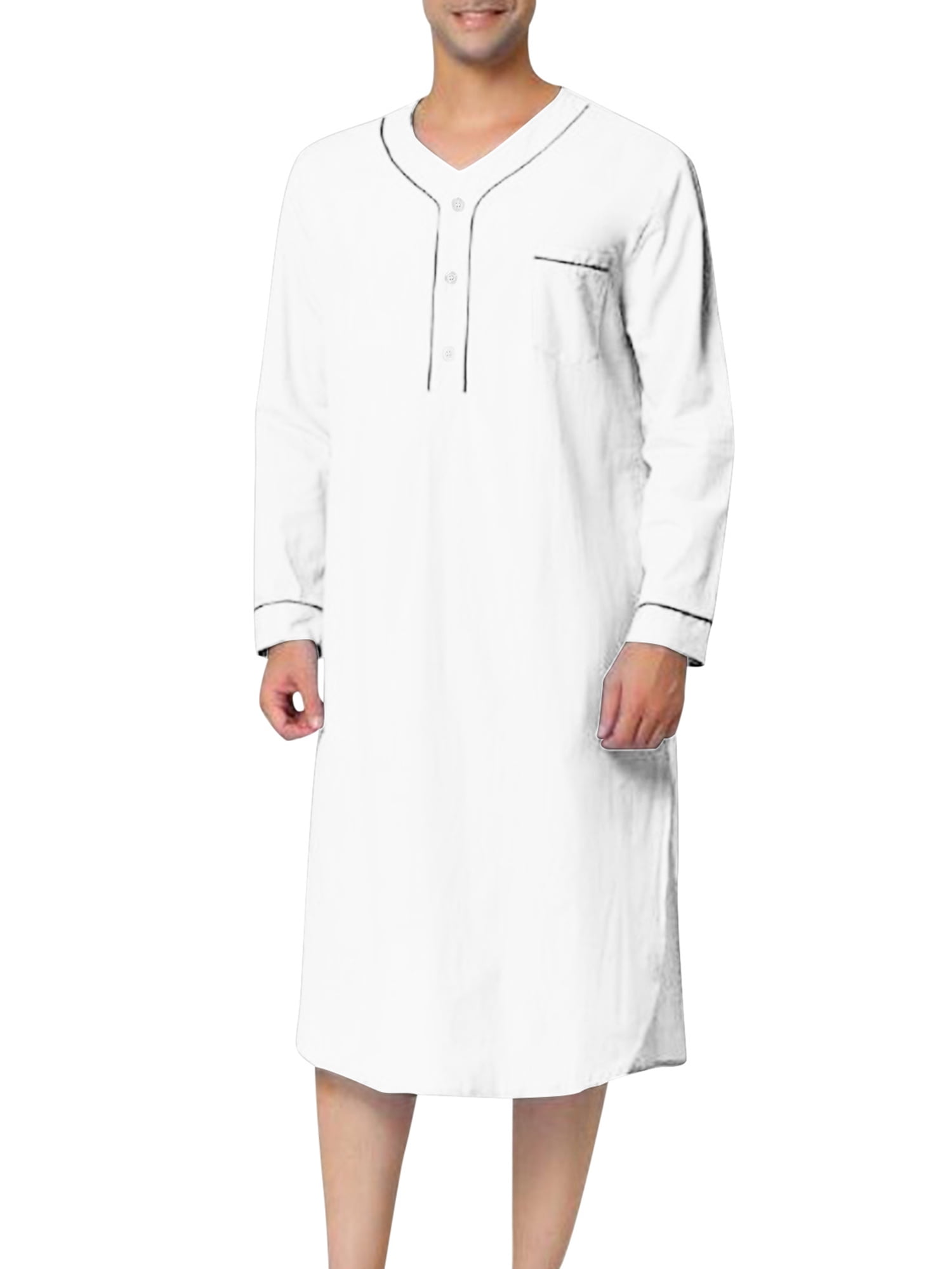 Suanret Men Kaftan Dubai Robe Pajamas Loose Saudi Arab Long Sleeves Nightshirt with Pockets Sleepwear Nightgown White XL