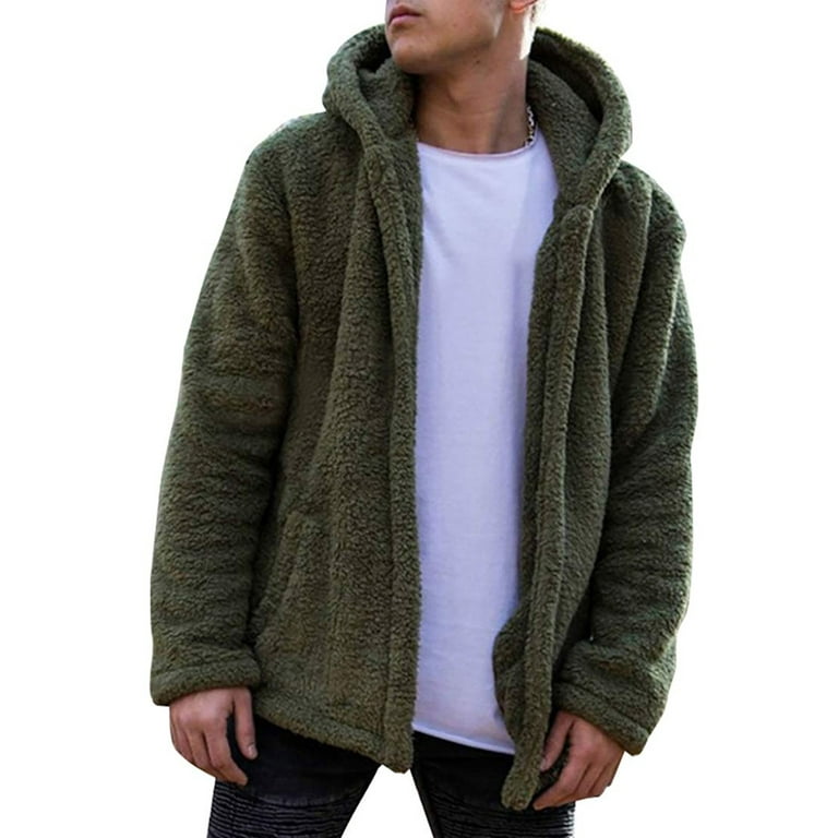 Suanret Men Warm Winter Fluffy Coat Fleece Jackets Hooded Outerwear