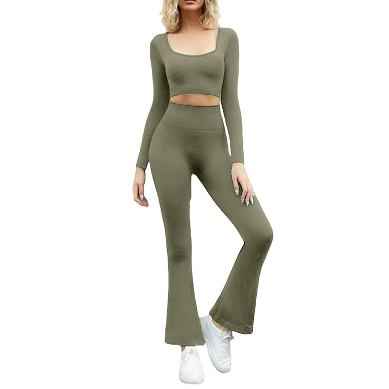 Suanret Women 2 Piece Tracksuits Yoga Pants Cropped Long Sleeve Tops Flare  Pants Activewear Workout Outfits Green L