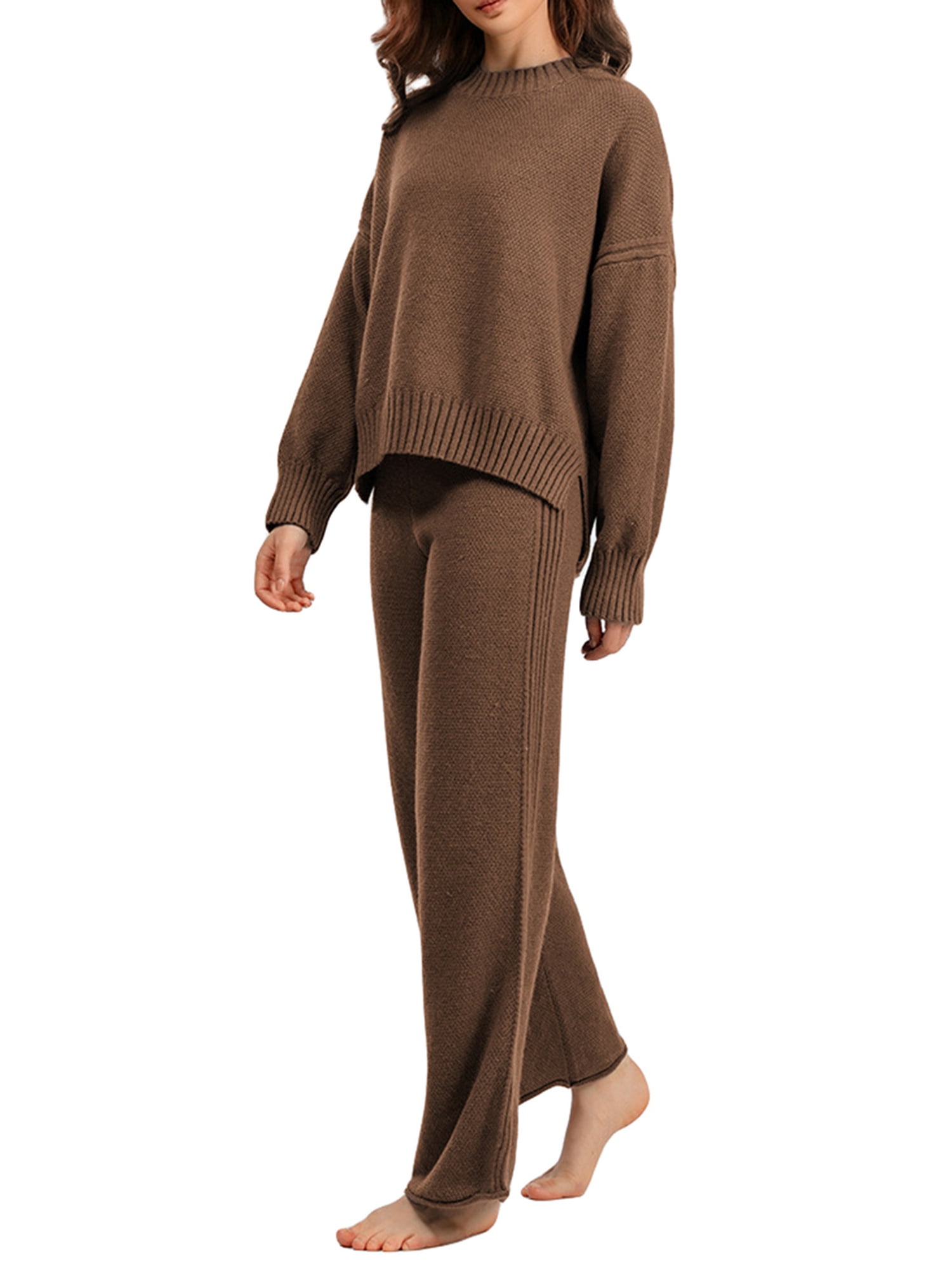 Suanret Women Casual Sweater Pants Set Winter Solid Color Sweater Wide