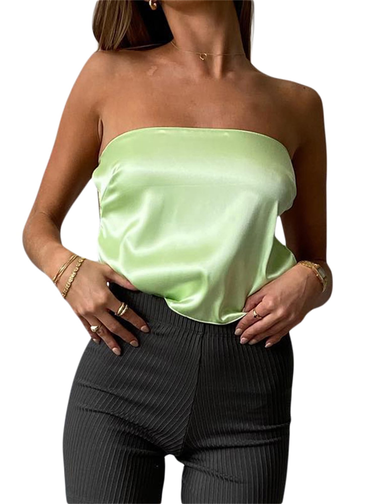 Suanret Women Strapless Tube Tops Sleeveless Backless Solid Satin Crop Tops  Summer Streewear Tank Tops Green L