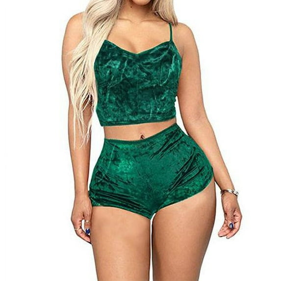 Suanret Women Velvet 2Pcs Outfits Spaghetti Strap Sleeveless Crop Top Shorts Set