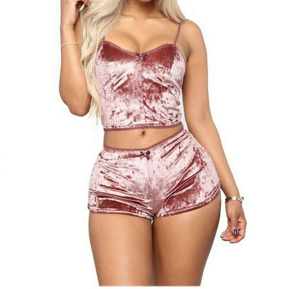 Suanret Women Velvet 2Pcs Outfits Spaghetti Strap Sleeveless Crop Top Shorts Set