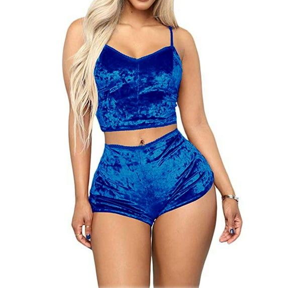 Suanret Women Velvet 2Pcs Outfits Spaghetti Strap Sleeveless Crop Top Shorts Set