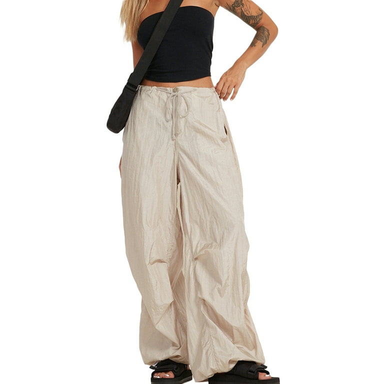 Women Baggy Pants Loose Vintage Wide Leg Drawstring Low Waist Ruched Baggy  Trousers For Female
