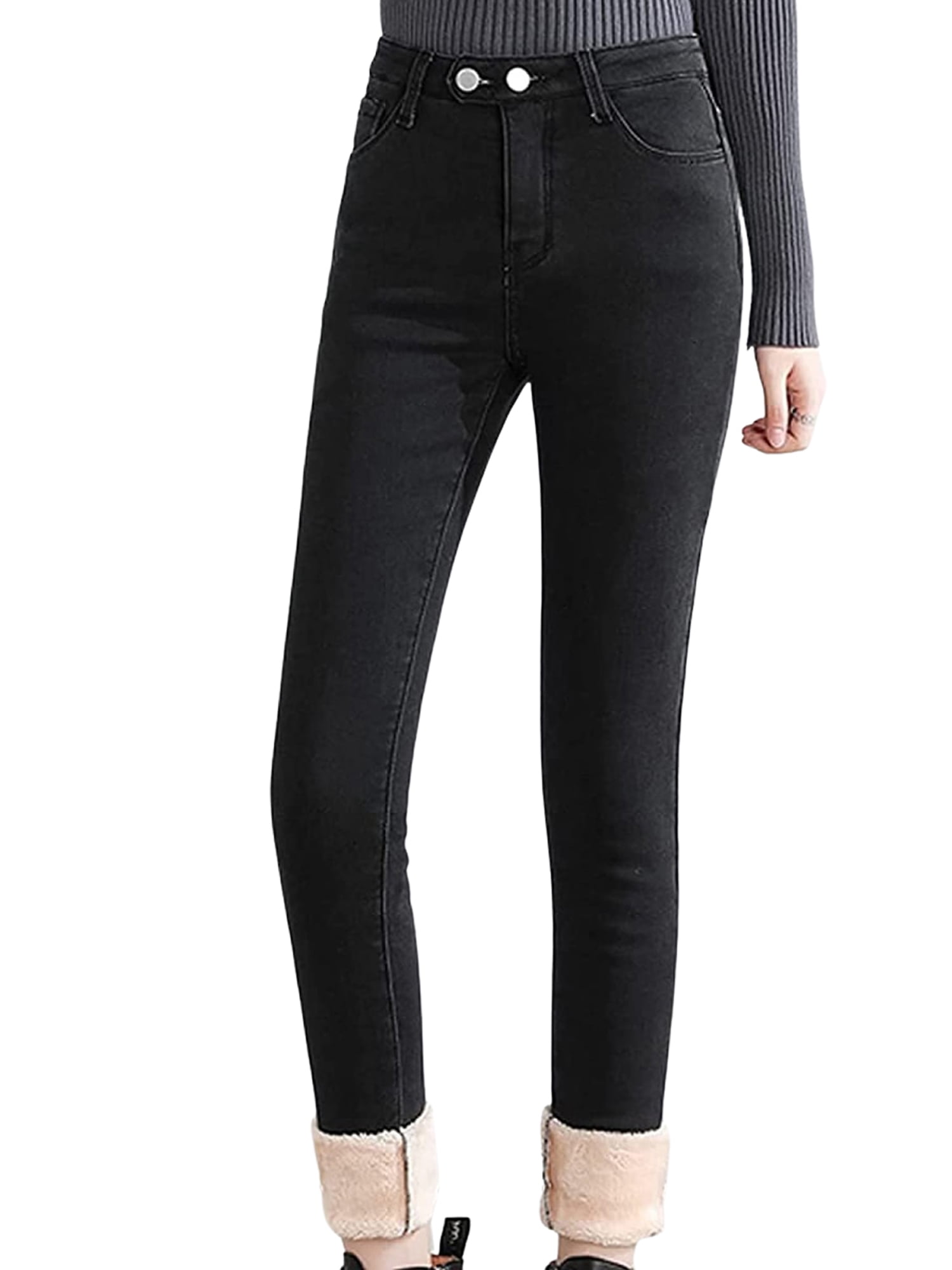 Suanret Women Winter Warm Fleece Lined Thick Jeans Plus Size High Waisted  Stretchy Skinny Thermal Jeggings Denim Pants Black 31